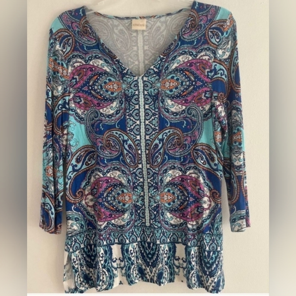 Chico's Women Top/Tunic Size Medium  Multicolor V-Neck Blouse Long Sleeve
